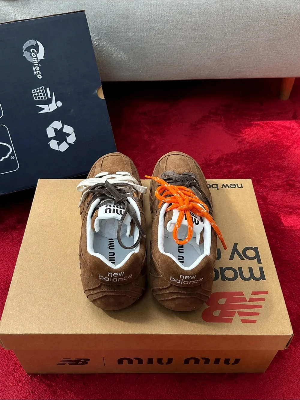 Miu Miu Brown Suede Men's Sneakers with Cream and Orange Laces